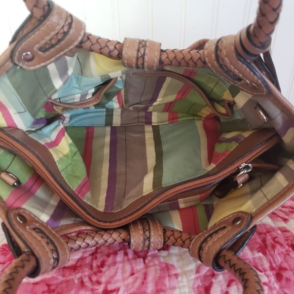 Fossil Womens Satchel Brown Fabric & Leather Braid Handles Key Charm Modern Vtg - Picture 13 of 16